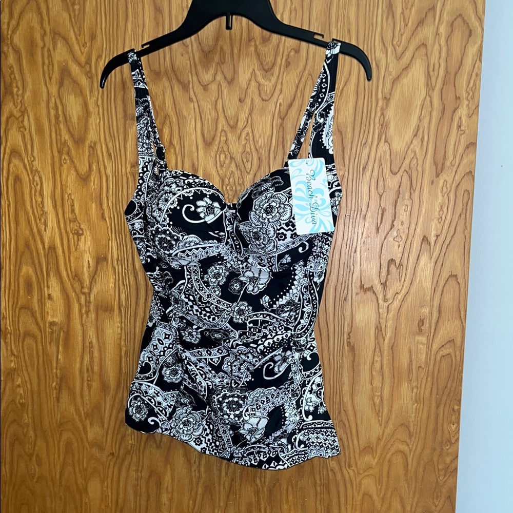 Beach Diva Versatile Black & White Paisley Tankini with Support.